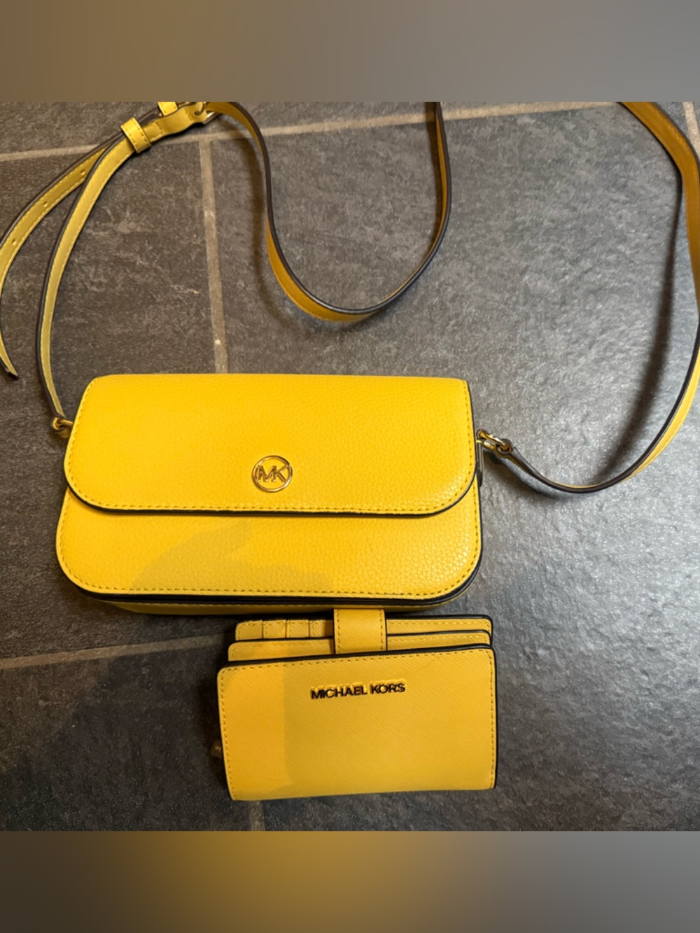 Michael Kors Bright Yellow Pebbled Leather Crossbody with Card Wallet